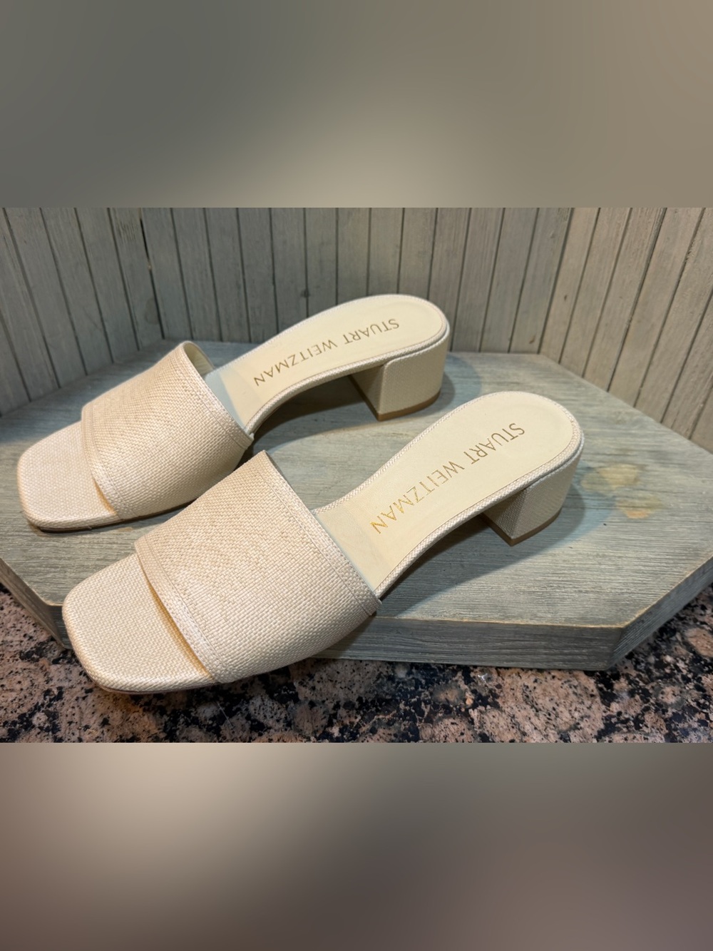 Stuart Weitzman Cream Textured Open-Toe Mid Block Heel Mule 10B Made in Spain